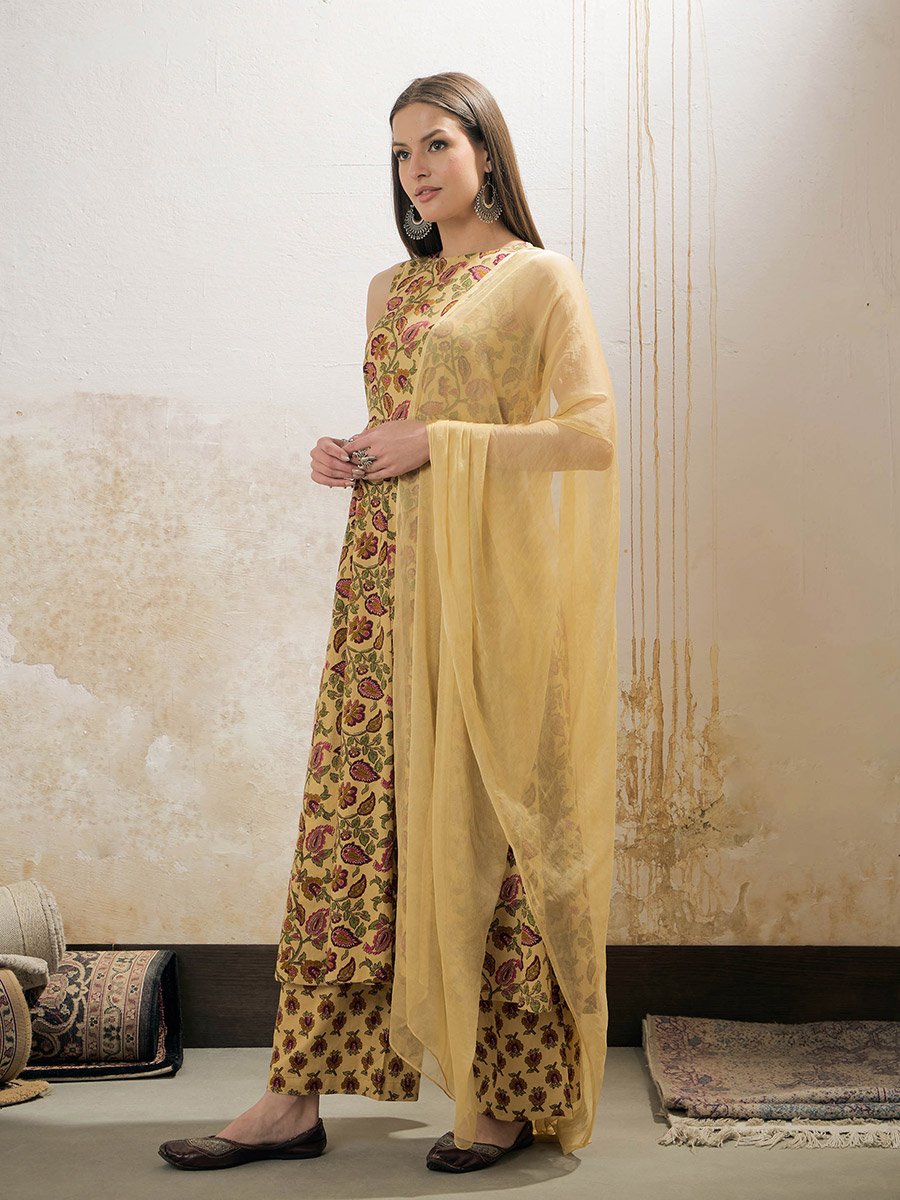 Yellow Floral Sleeveless Kurta with Pencil Pants and Dupatta Set