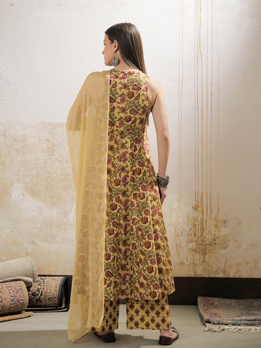 Yellow Floral Sleeveless Kurta with Pencil Pants and Dupatta Set