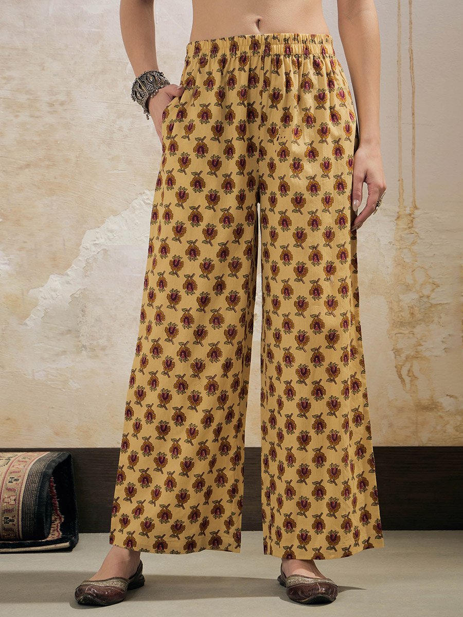 Yellow Floral Sleeveless Kurta with Pencil Pants and Dupatta Set