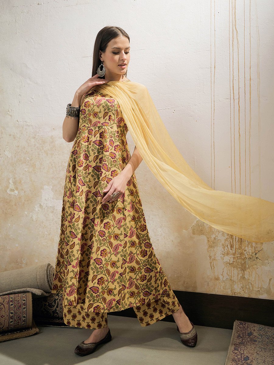 Yellow Floral Sleeveless Kurta with Pencil Pants and Dupatta Set