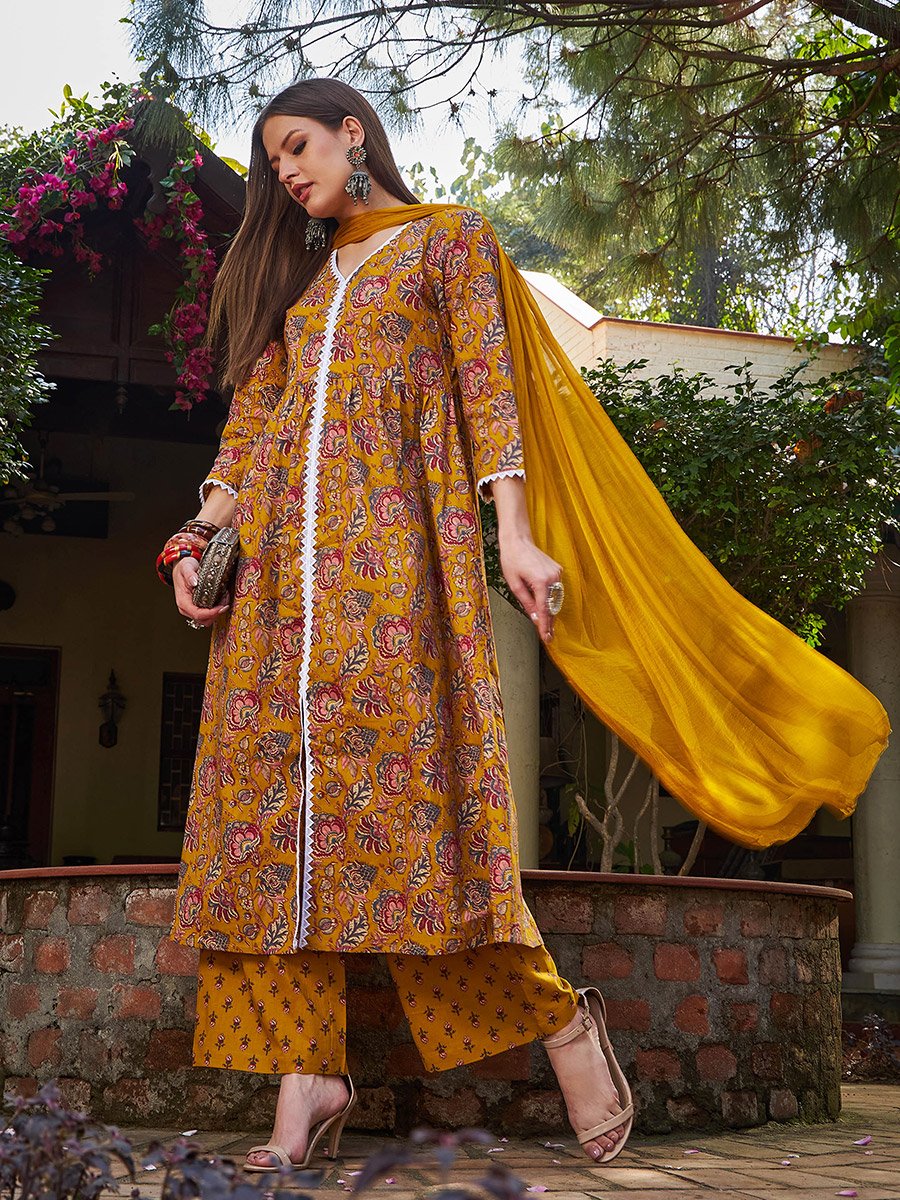 Mustard Floral Front Slit Kurta with Pencil Pants and Dupatta Set