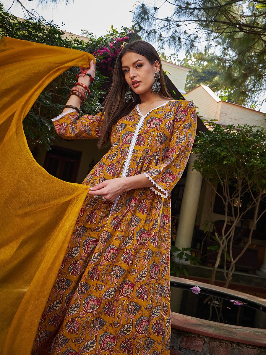 Mustard Floral Front Slit Kurta with Pencil Pants and Dupatta Set