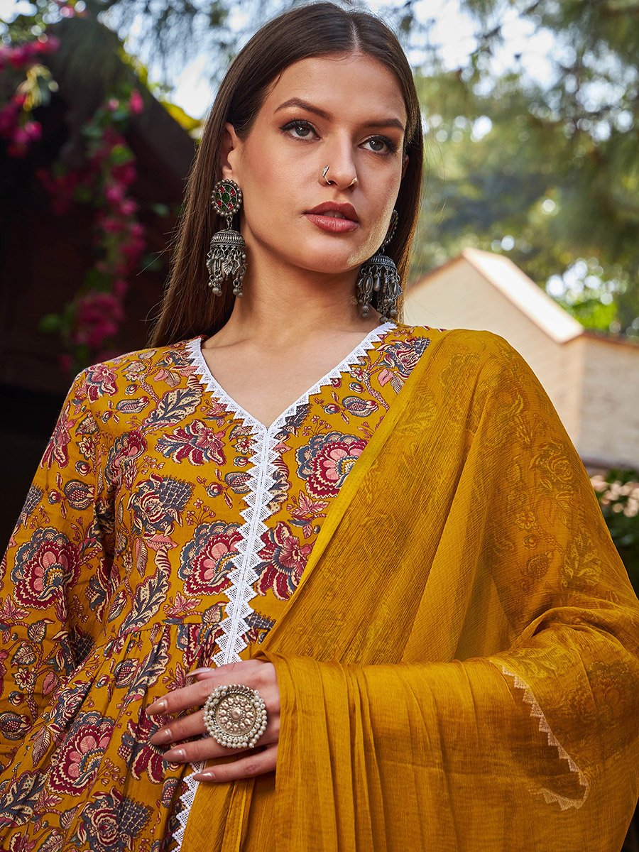 Mustard Floral Front Slit Kurta with Pencil Pants and Dupatta Set