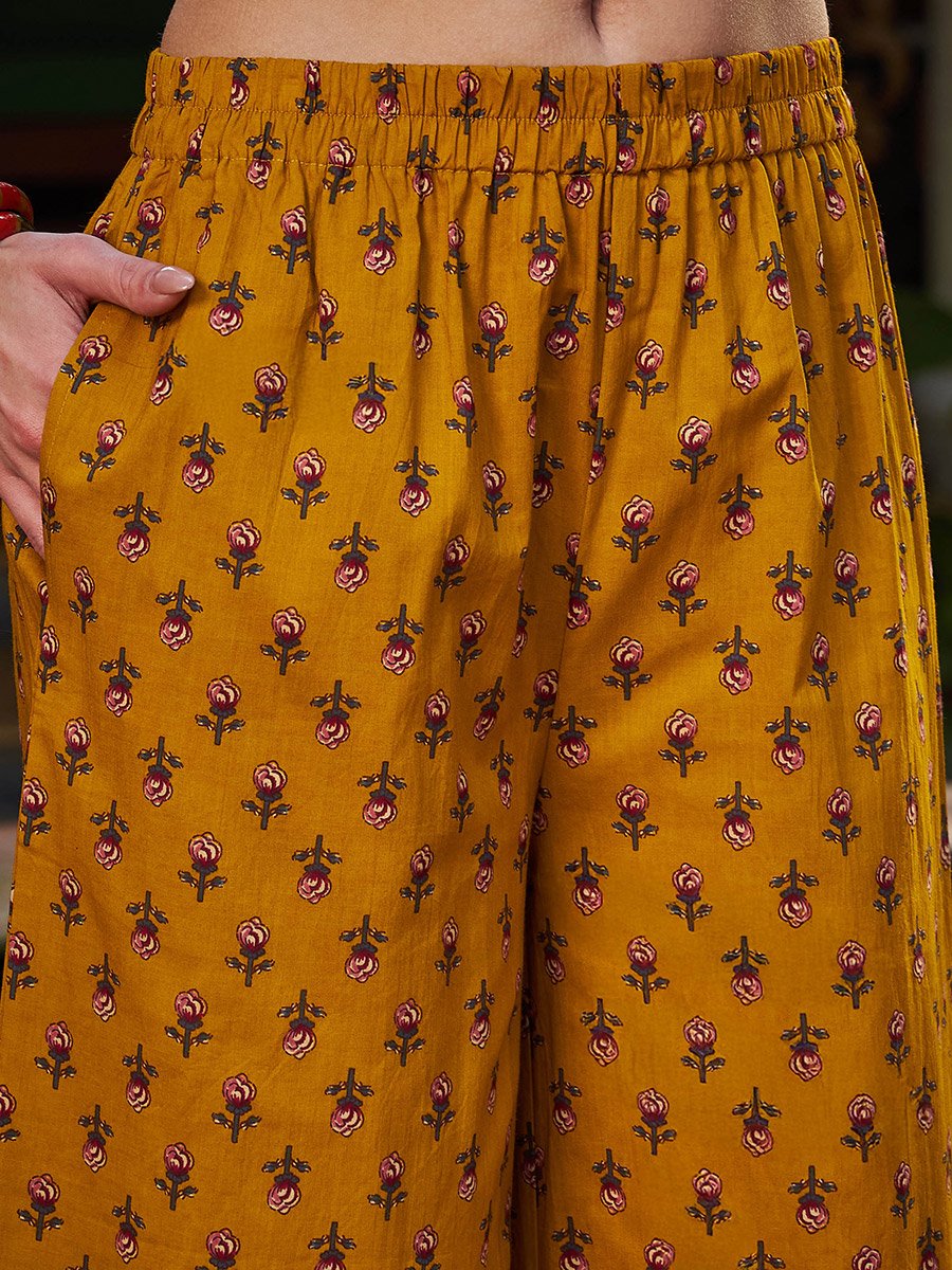 Mustard Floral Front Slit Kurta with Pencil Pants and Dupatta Set