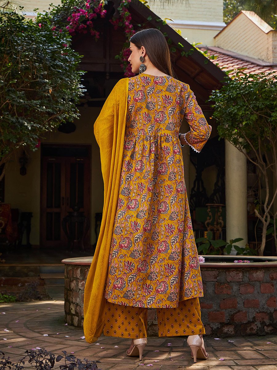 Mustard Floral Front Slit Kurta with Pencil Pants and Dupatta Set