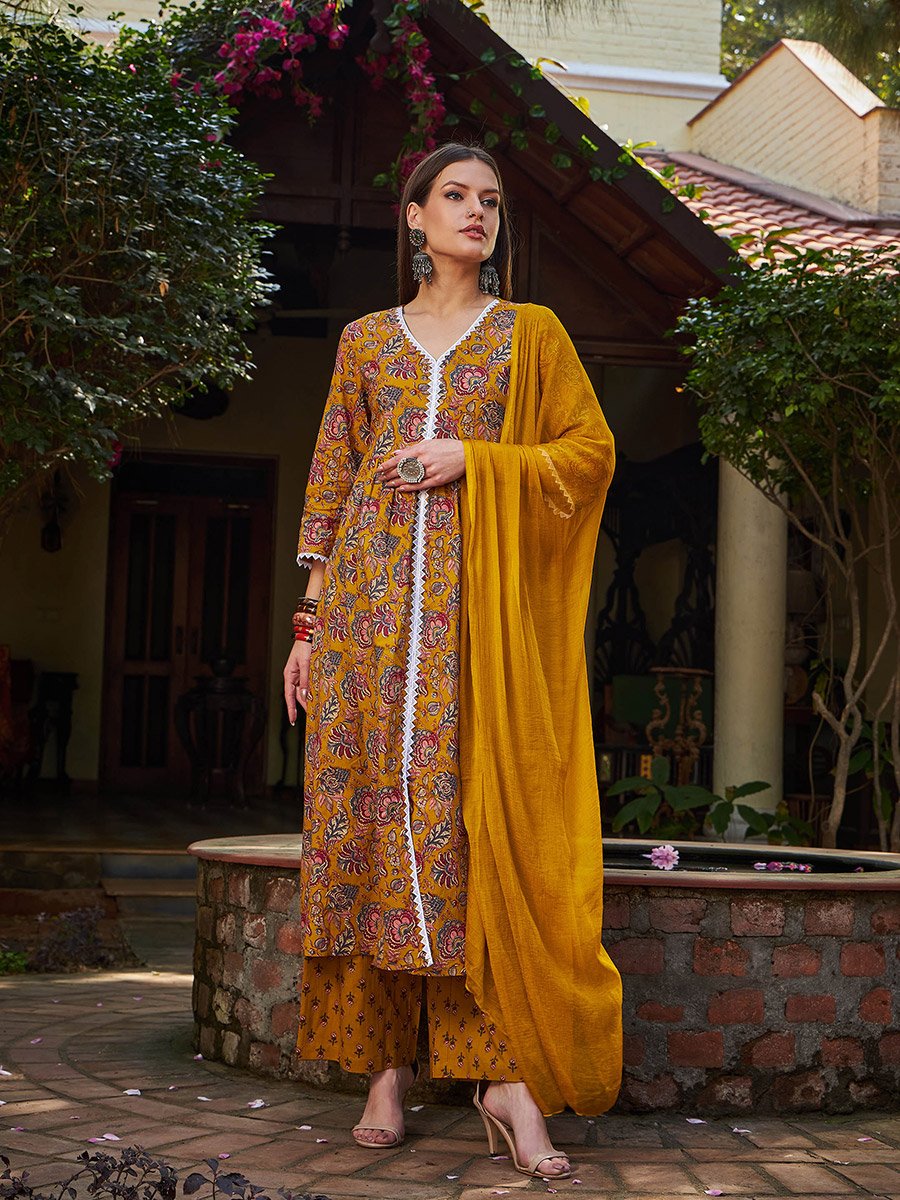 Mustard Floral Front Slit Kurta with Pencil Pants and Dupatta Set