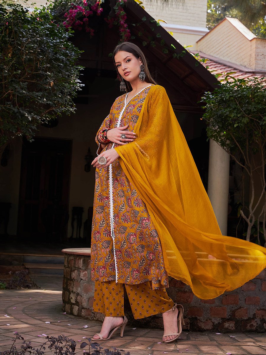 Mustard Floral Front Slit Kurta with Pencil Pants and Dupatta Set