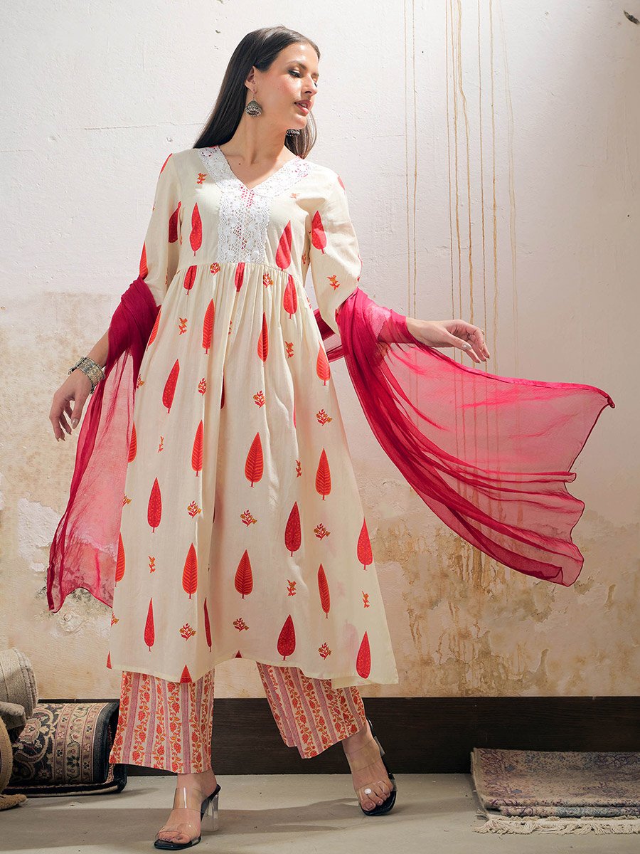 White and Red Floral Gathered Kurta with Pencil Pants and Dupatta Set