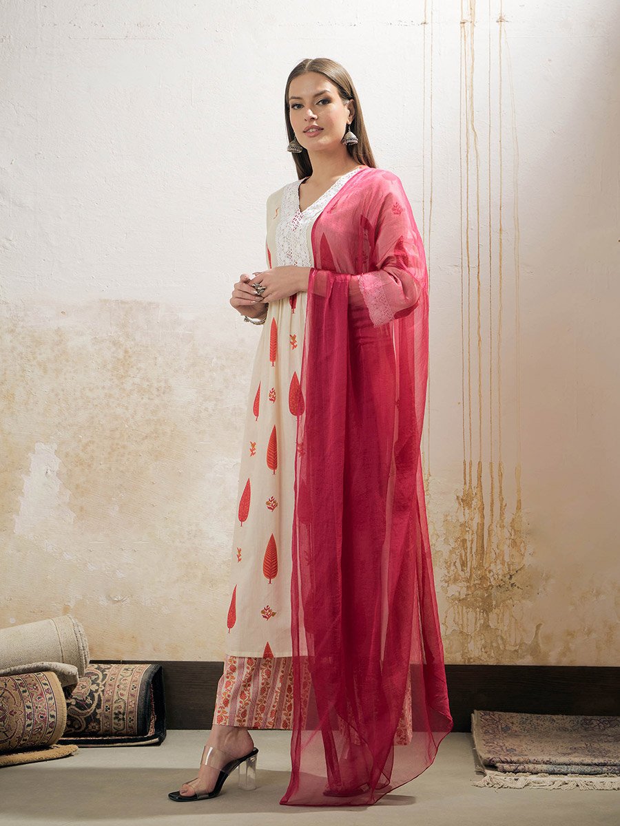 White and Red Floral Gathered Kurta with Pencil Pants and Dupatta Set
