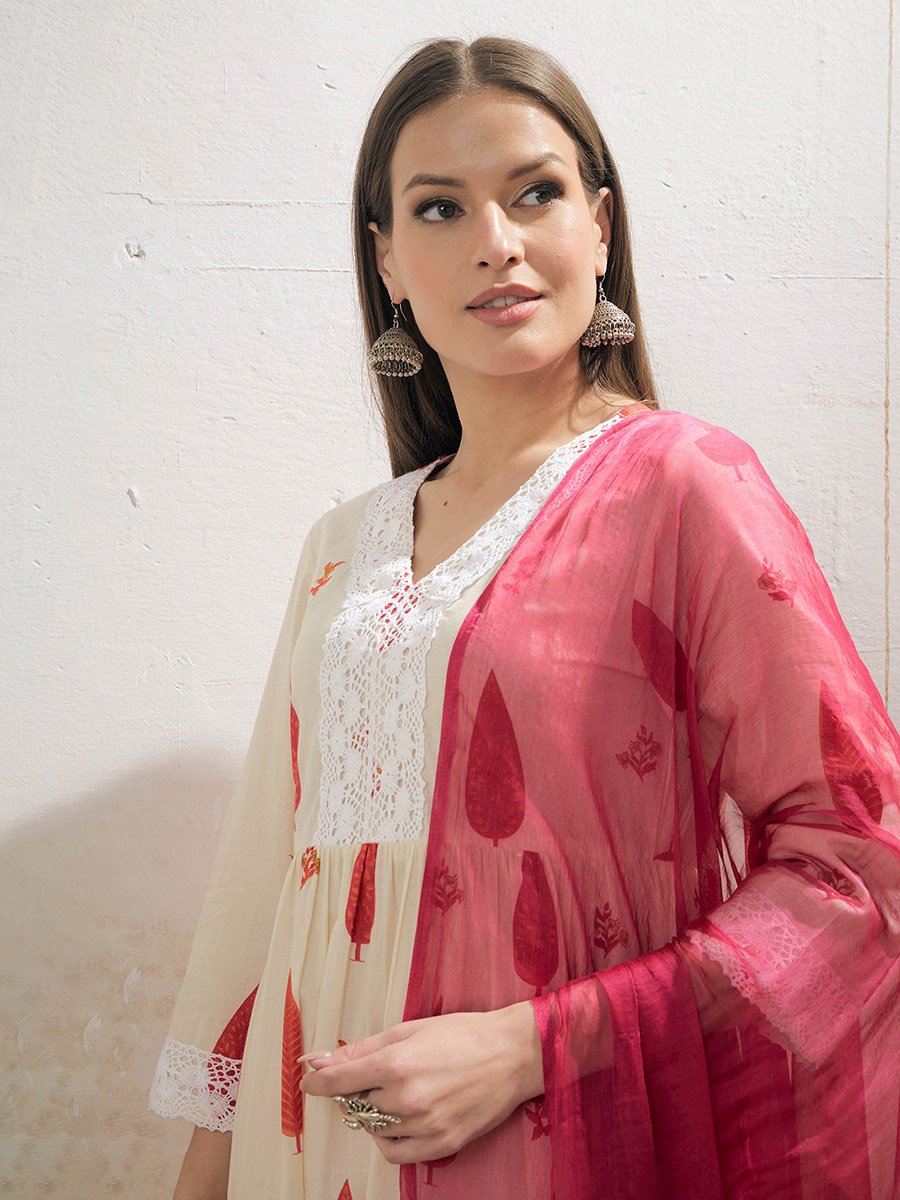 White and Red Floral Gathered Kurta with Pencil Pants and Dupatta Set