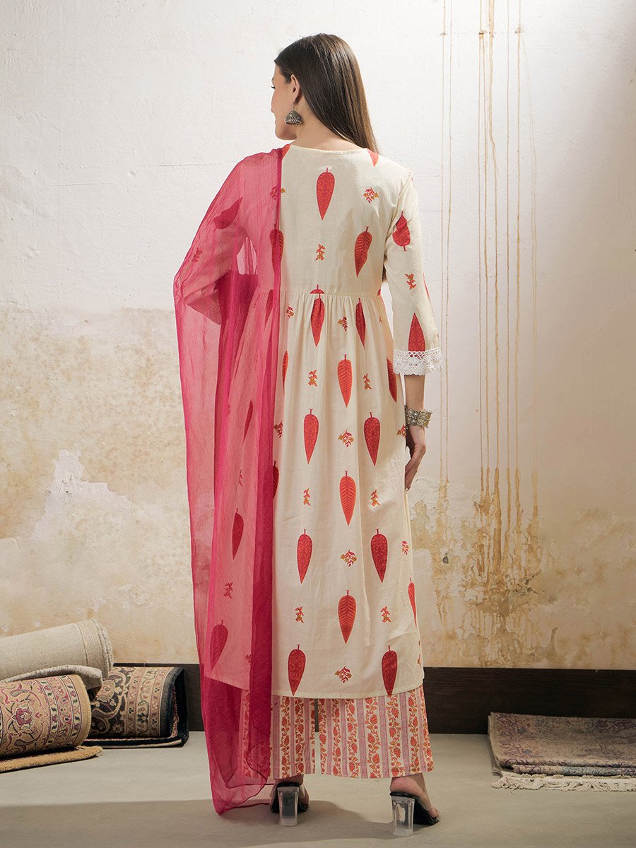 White and Red Floral Gathered Kurta with Pencil Pants and Dupatta Set