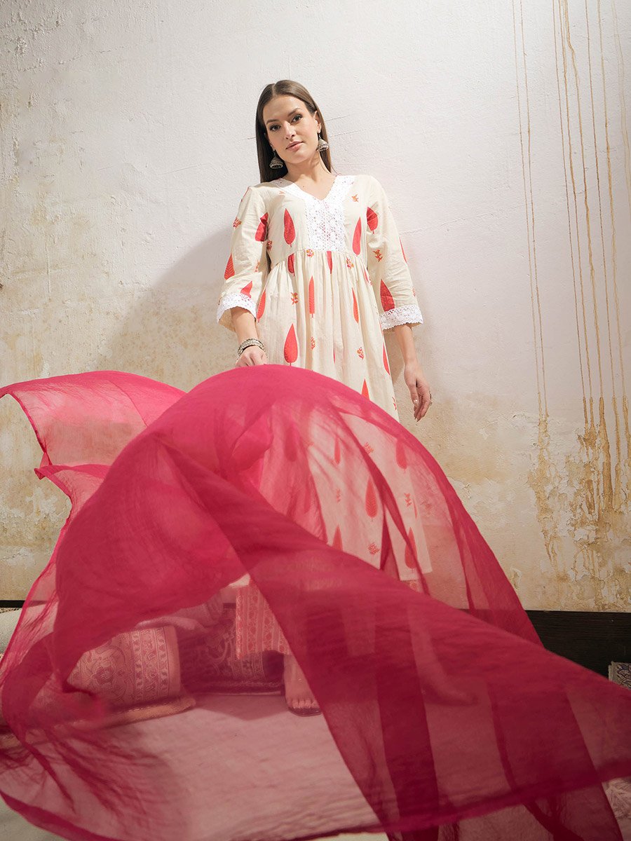 White and Red Floral Gathered Kurta with Pencil Pants and Dupatta Set