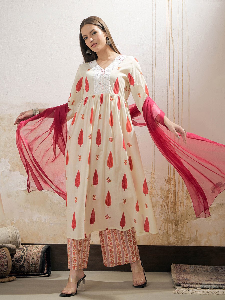 White and Red Floral Gathered Kurta with Pencil Pants and Dupatta Set
