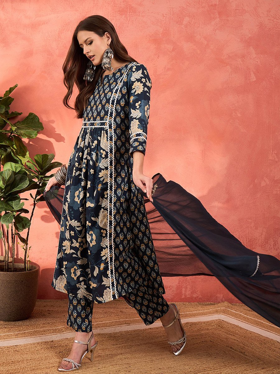 Navy Floral Anarkali Kurta with Pencil Pants and Dupatta Set