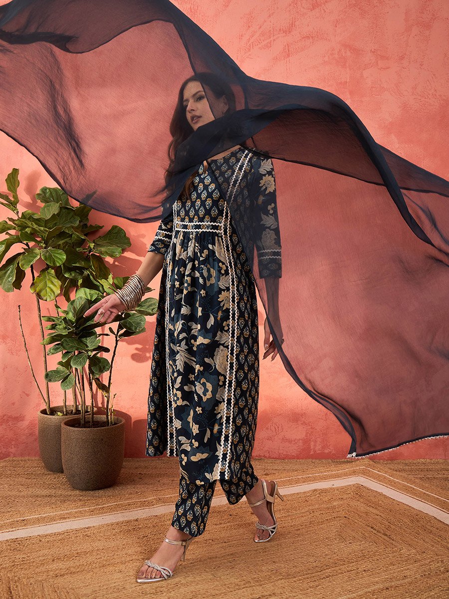 Navy Floral Anarkali Kurta with Pencil Pants and Dupatta Set
