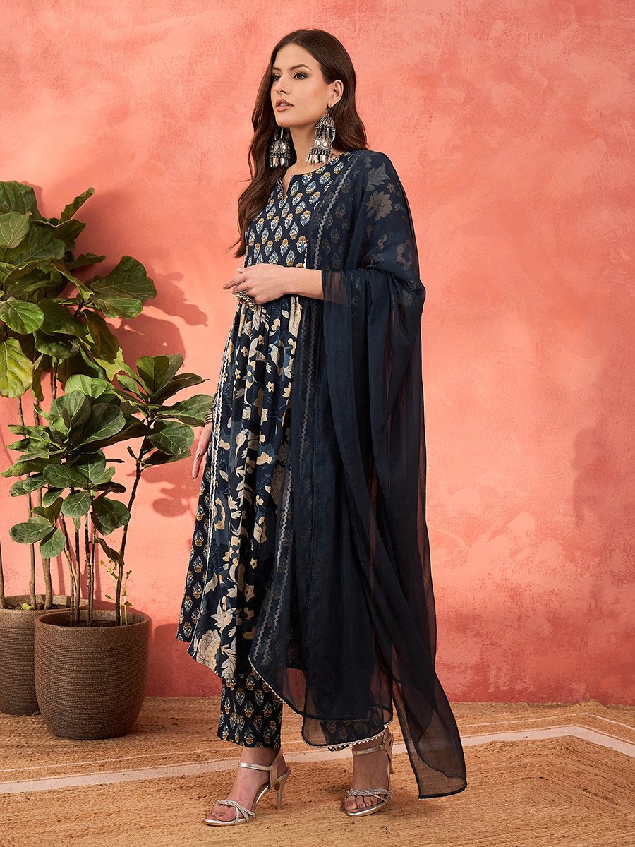 Navy Floral Anarkali Kurta with Pencil Pants and Dupatta Set