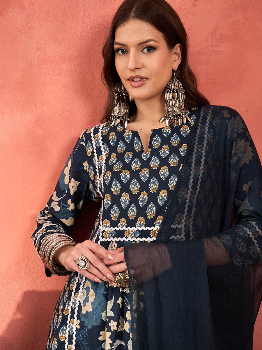 Navy Floral Anarkali Kurta with Pencil Pants and Dupatta Set