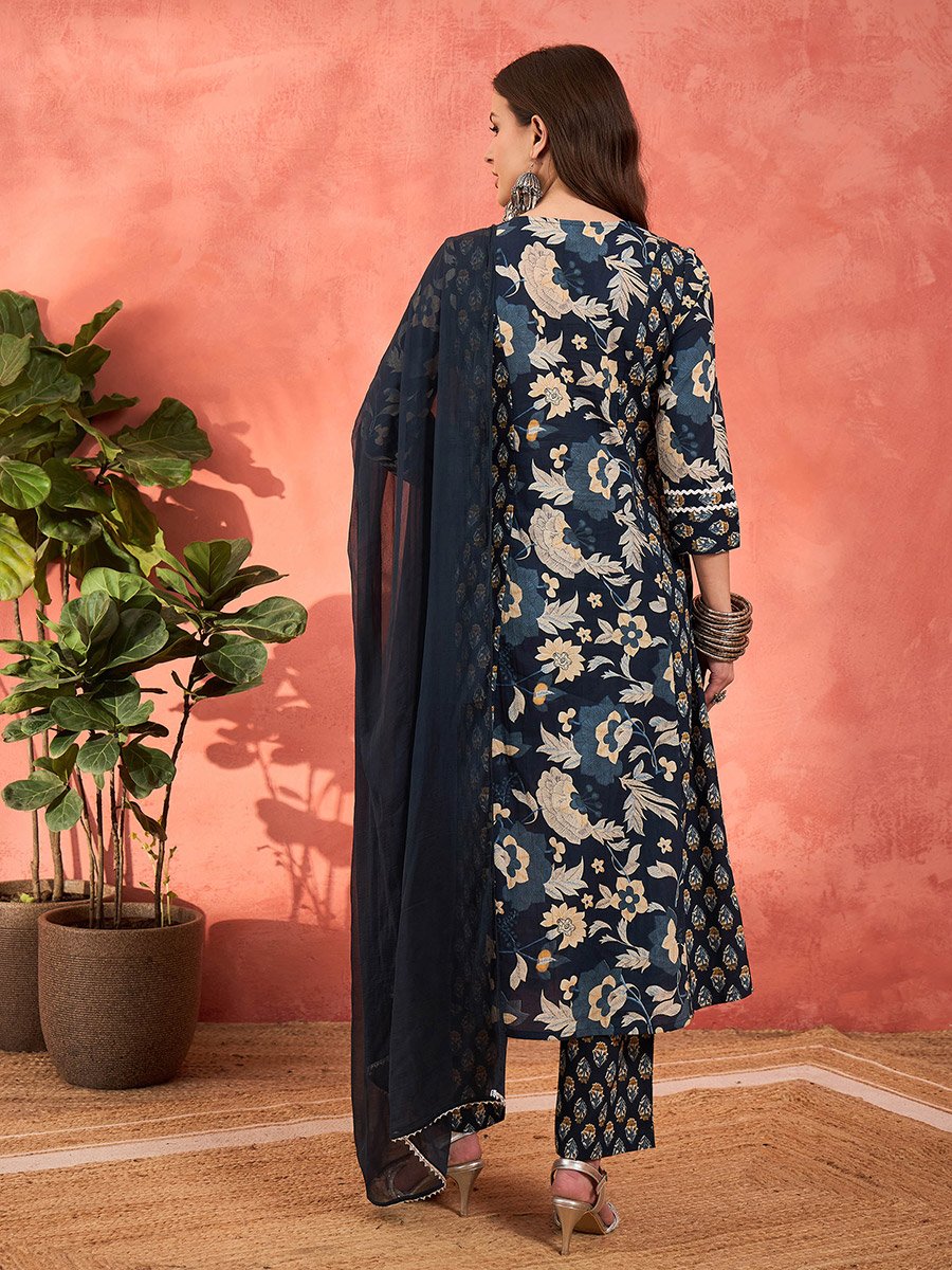 Navy Floral Anarkali Kurta with Pencil Pants and Dupatta Set