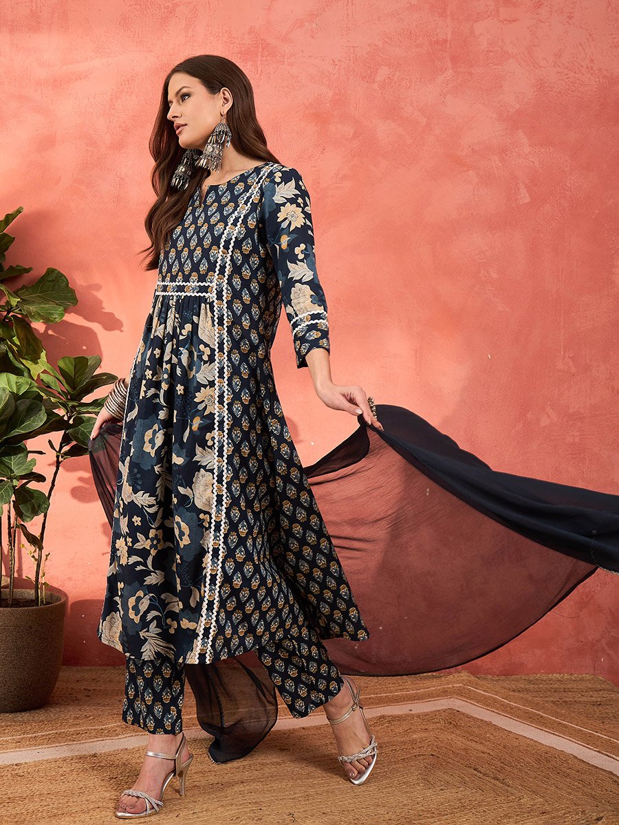 Navy Floral Anarkali Kurta with Pencil Pants and Dupatta Set