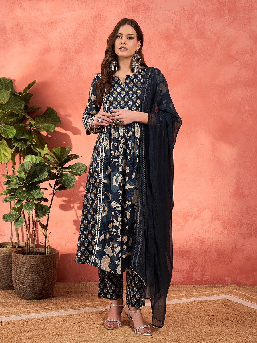 Navy Floral Anarkali Kurta with Pencil Pants and Dupatta Set