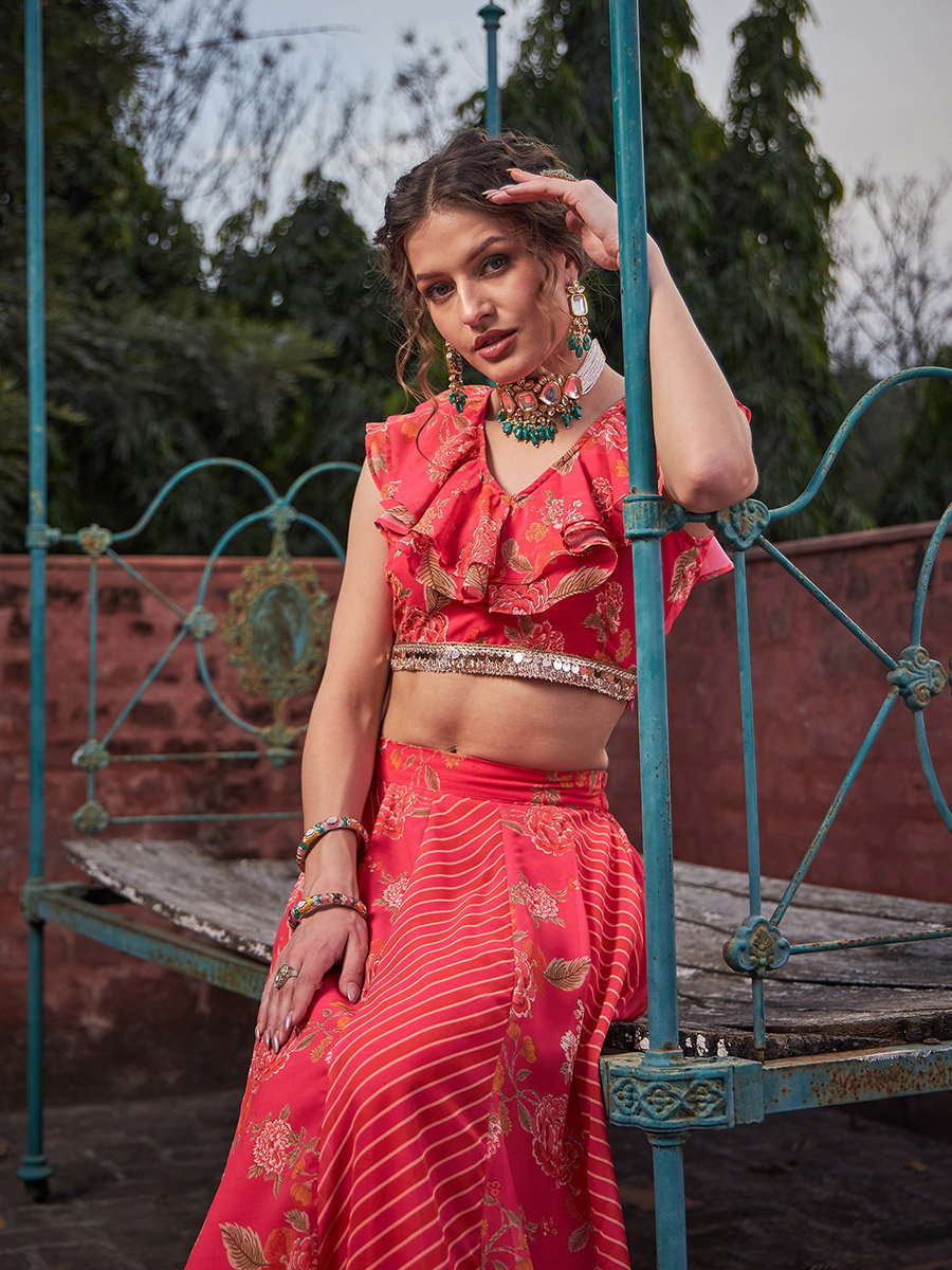 Women Pink Floral Frill Neck Crop Top with Anarkali Skirt Set