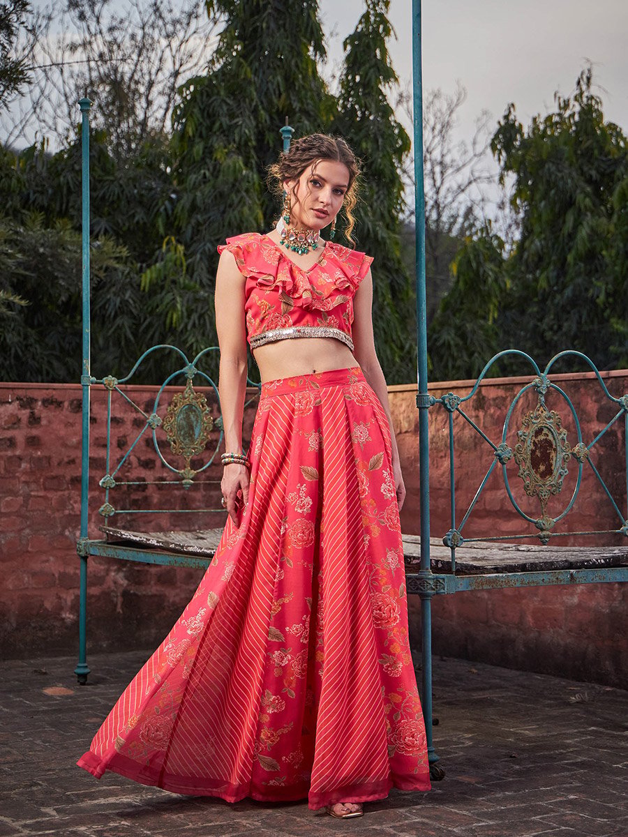 Women Pink Floral Frill Neck Crop Top with Anarkali Skirt Set