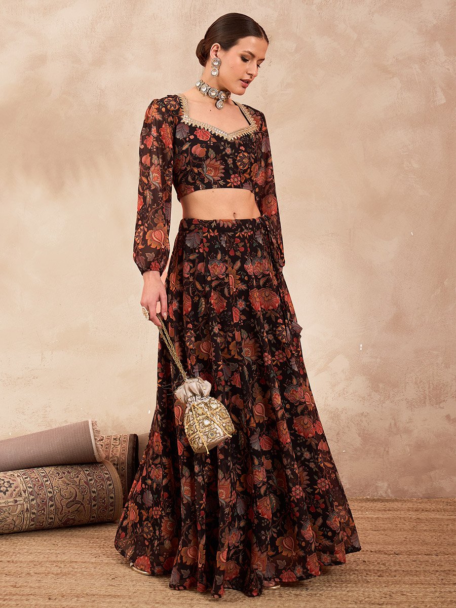 Women Black Floral Crop Top with Anarkali Skirt Set
