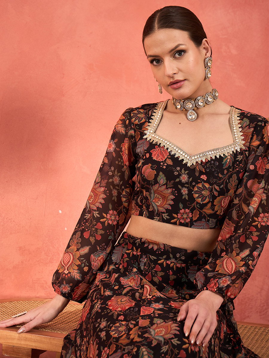 Women Black Floral Crop Top with Anarkali Skirt Set