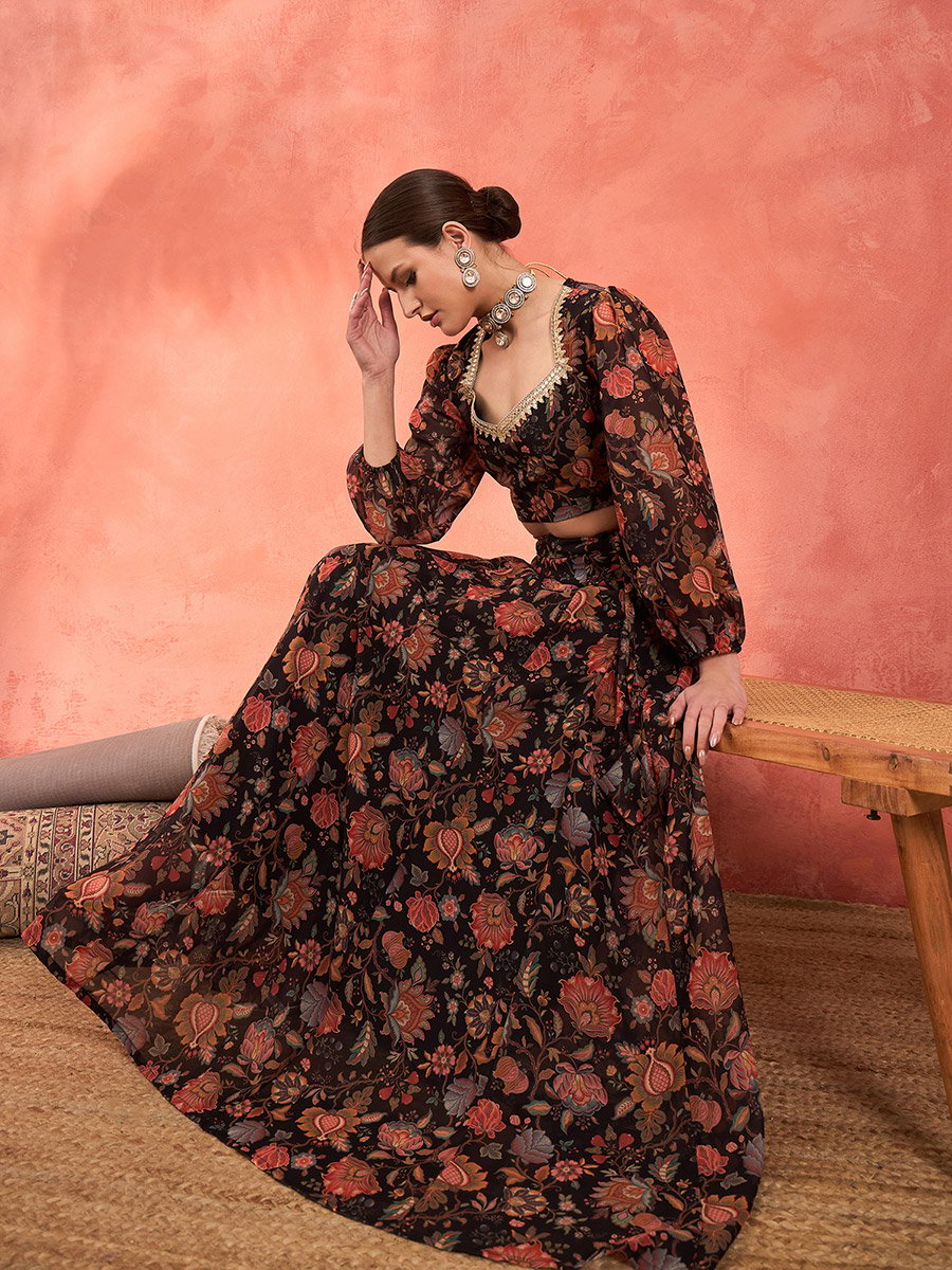 Women Black Floral Crop Top with Anarkali Skirt Set