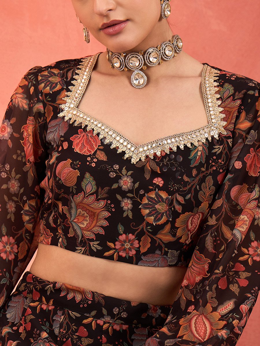 Women Black Floral Crop Top with Anarkali Skirt Set