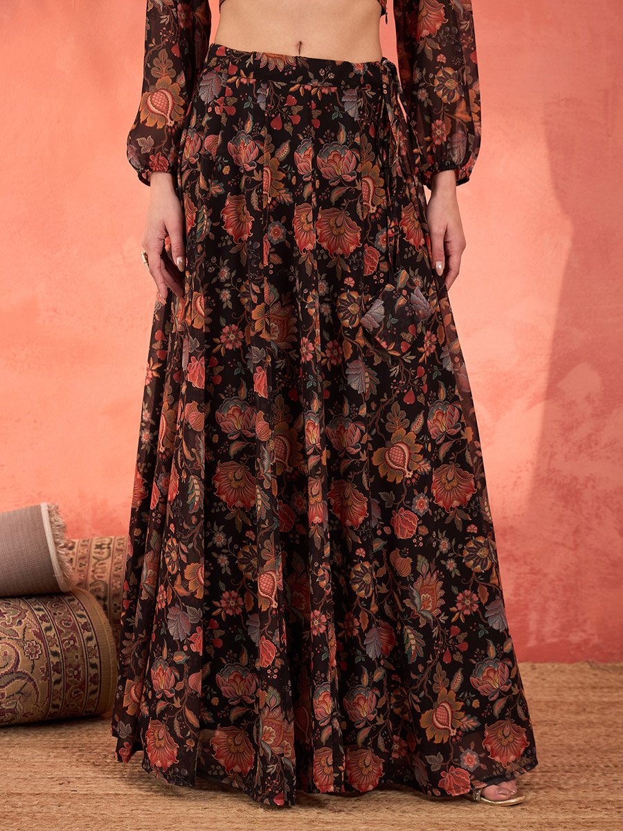 Women Black Floral Crop Top with Anarkali Skirt Set