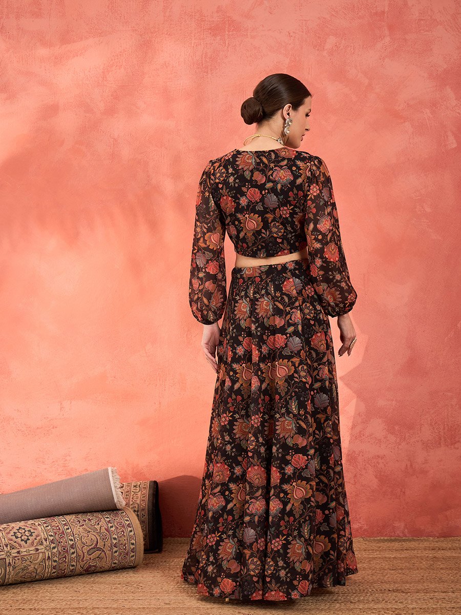 Women Black Floral Crop Top with Anarkali Skirt Set