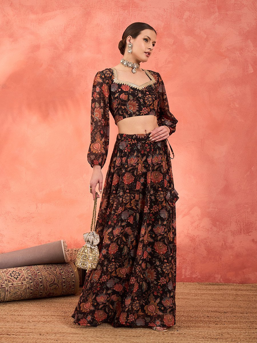 Women Black Floral Crop Top with Anarkali Skirt Set