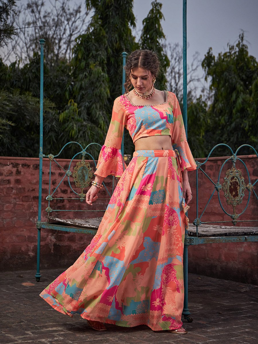 Women Orange Tie-Dye Crop Top with Anarkali Skirt Set