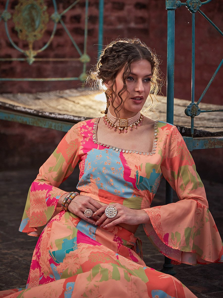 Women Orange Tie-Dye Crop Top with Anarkali Skirt Set