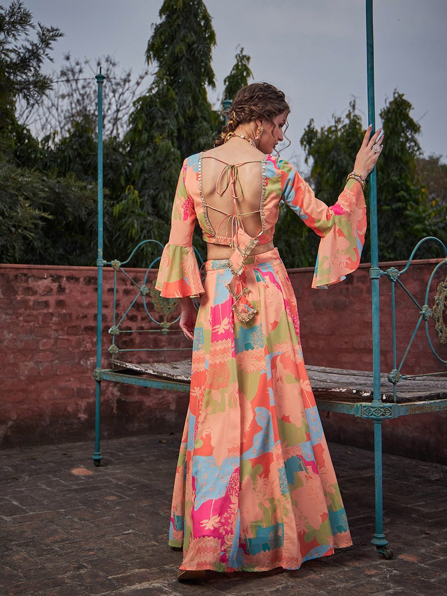 Women Orange Tie-Dye Crop Top with Anarkali Skirt Set