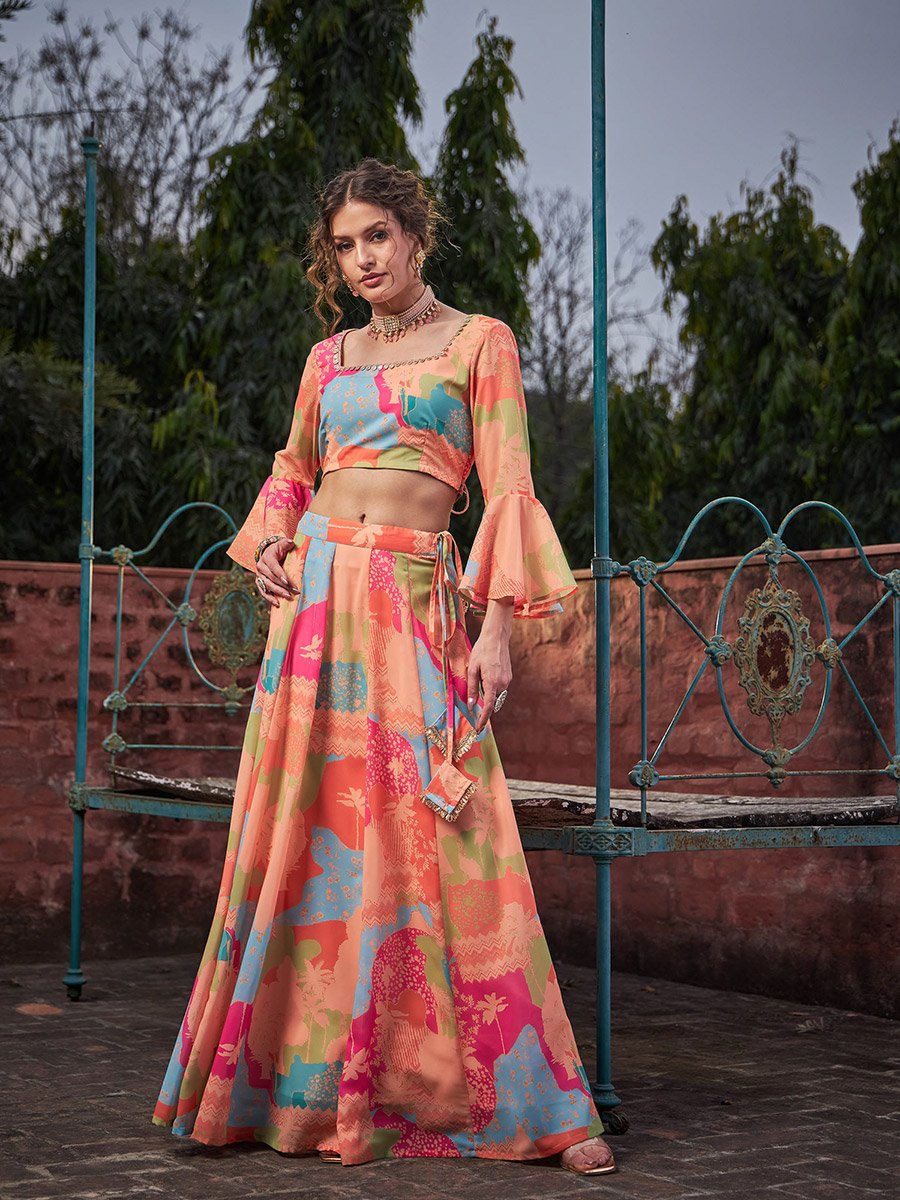 Women Orange Tie-Dye Crop Top with Anarkali Skirt Set