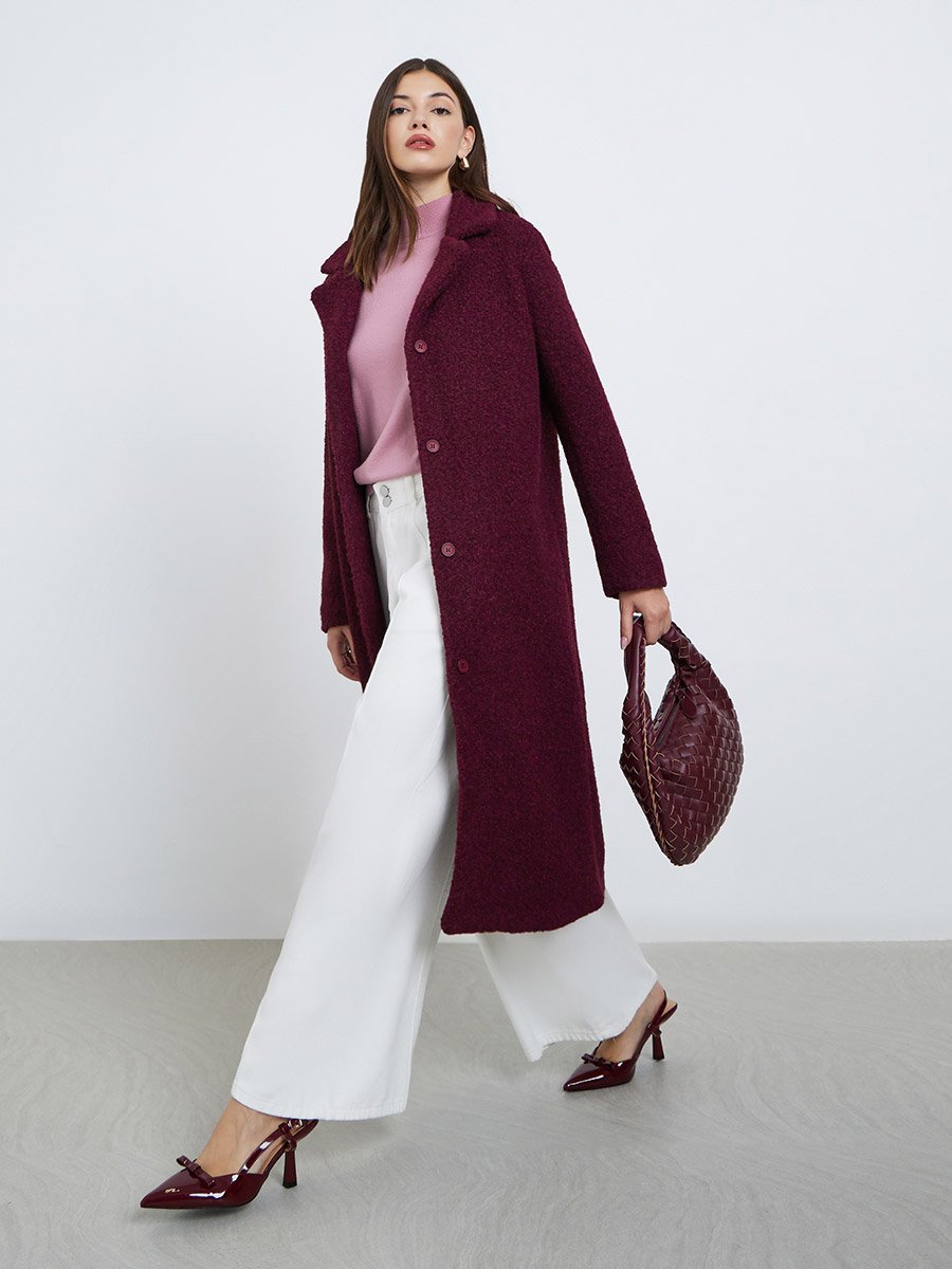 Burgundy Button-Down Midi Wool Coat