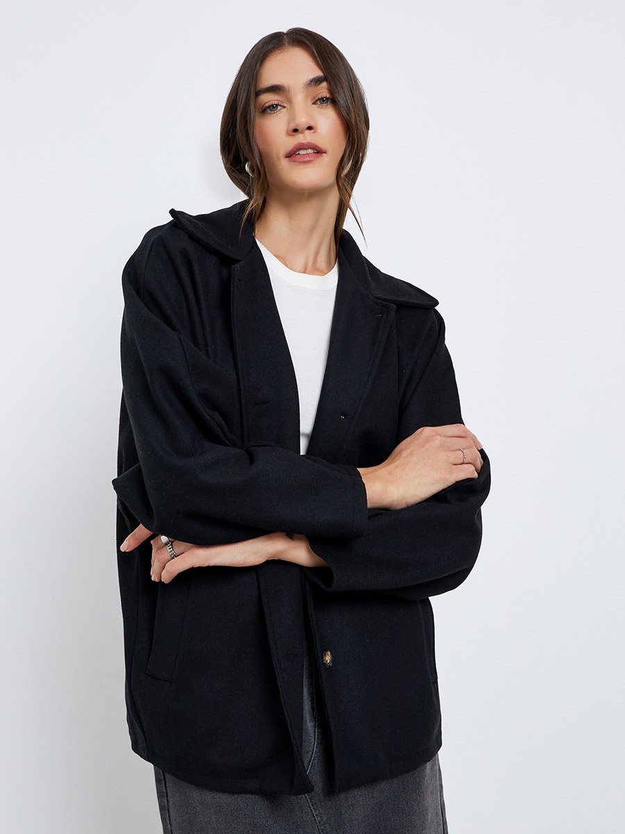Black Longline Oversized Button Coat
