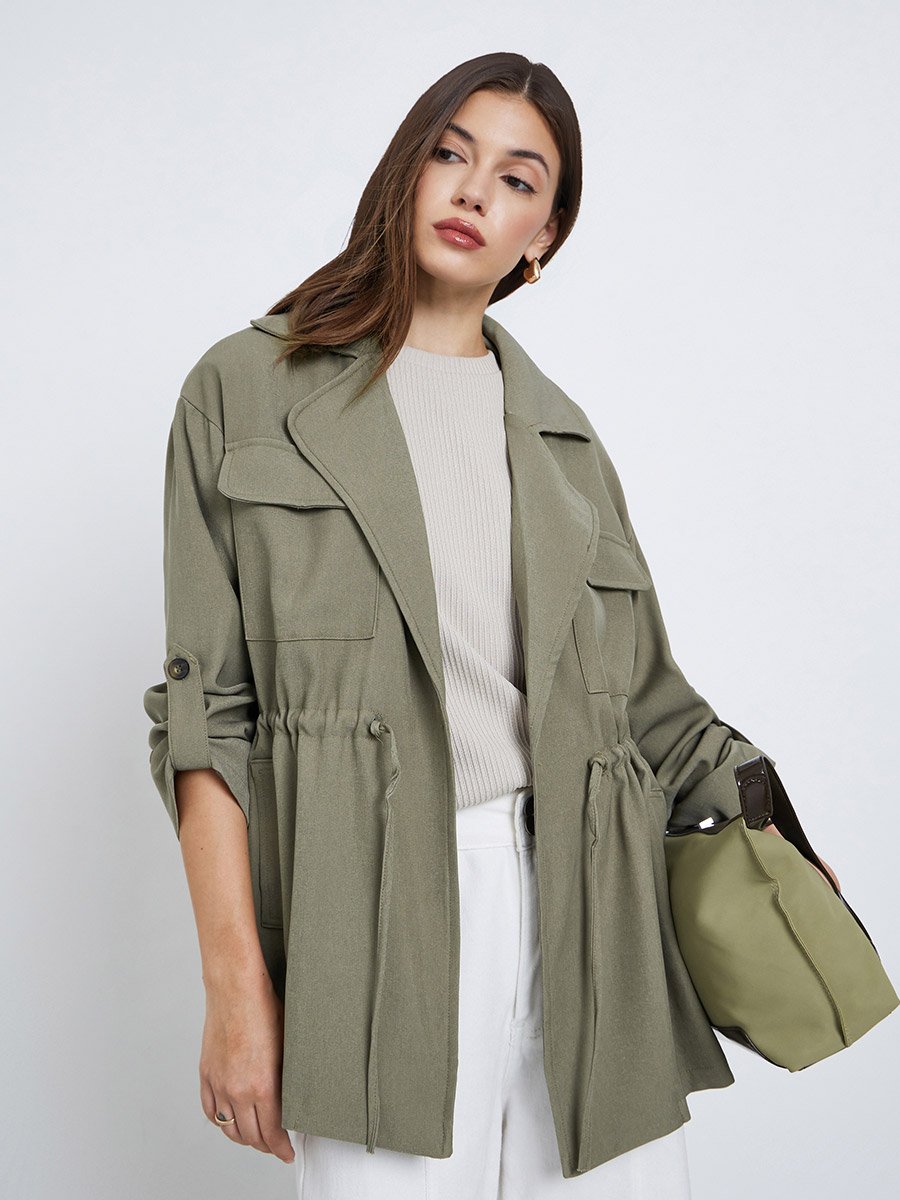 Khaki Longline Utility Jacket For Women at Saudi | Styli