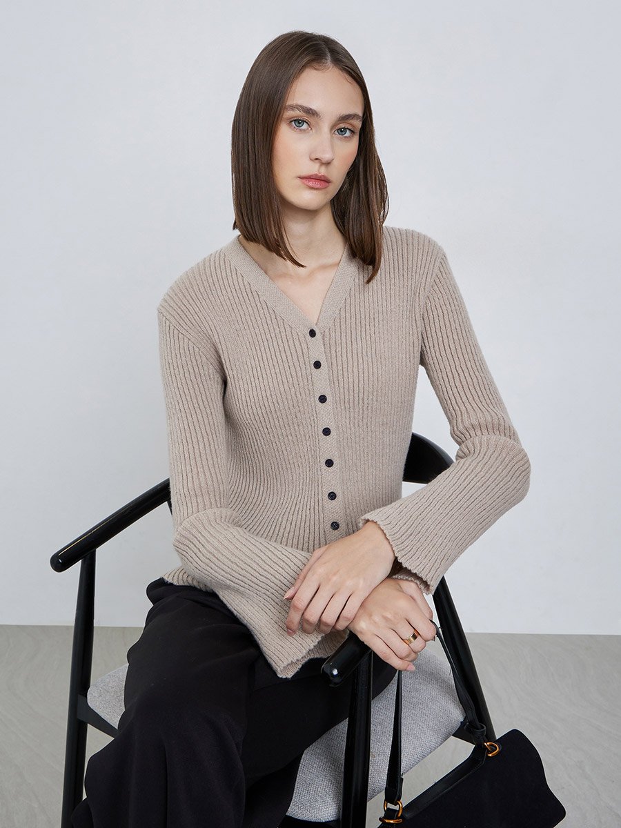 Beige Ribbed Button-Down Knit Top with Bell Sleeves