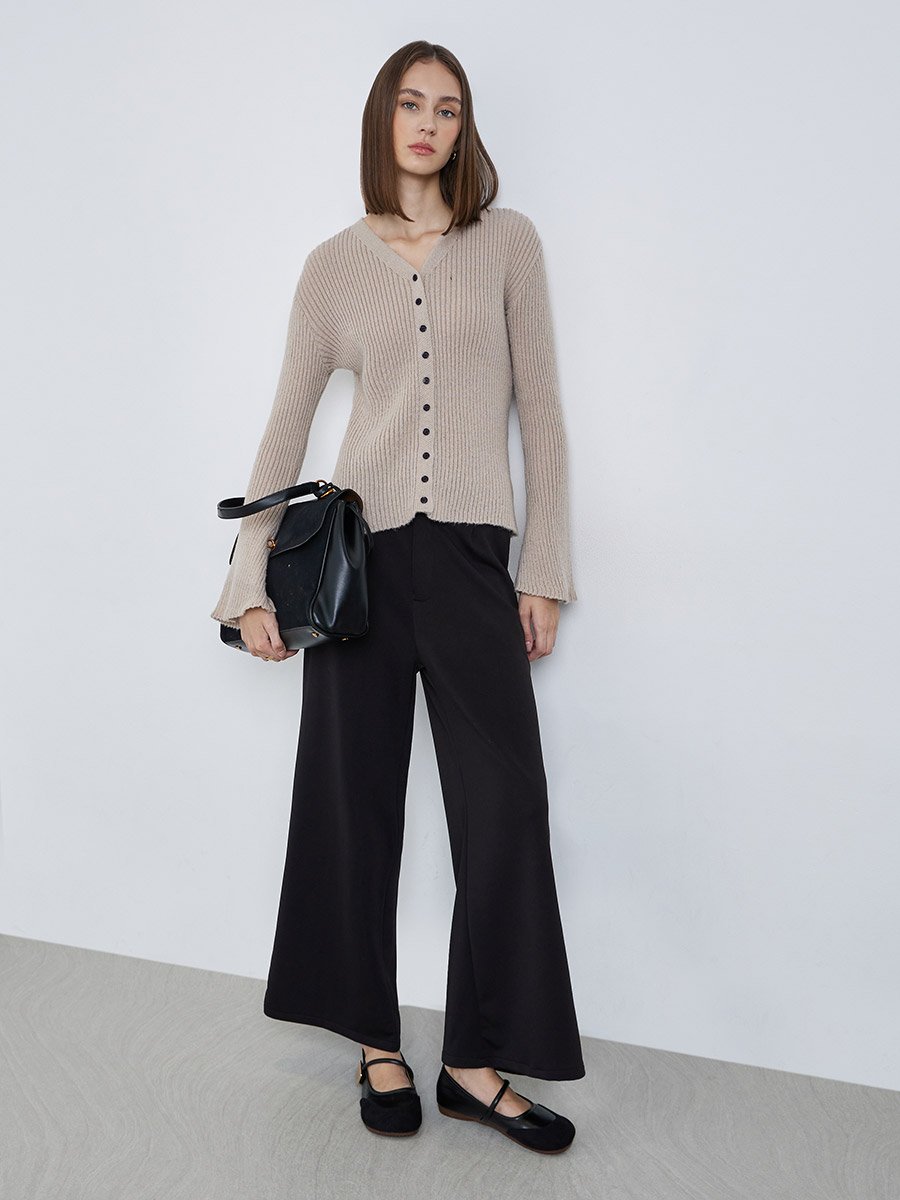 Beige Ribbed Button-Down Knit Top with Bell Sleeves