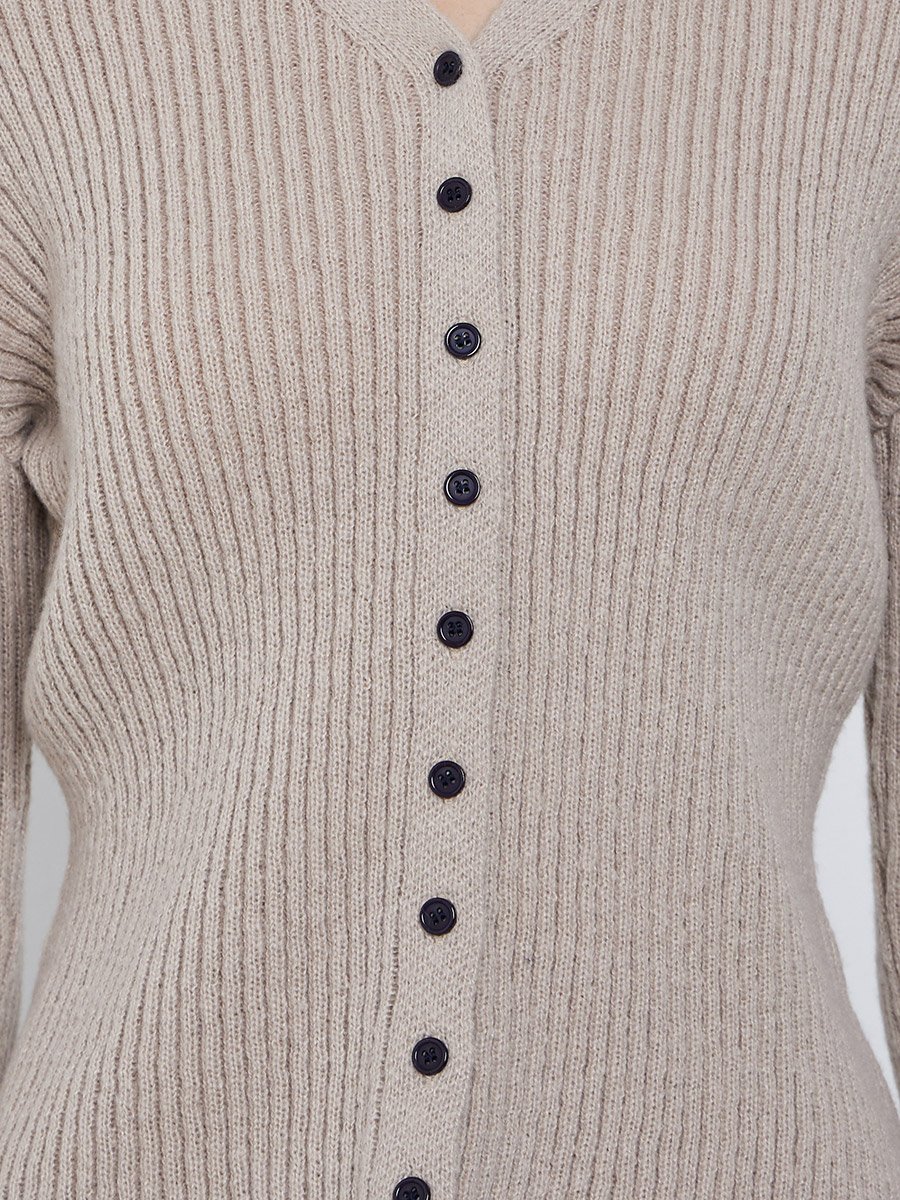 Beige Ribbed Button-Down Knit Top with Bell Sleeves