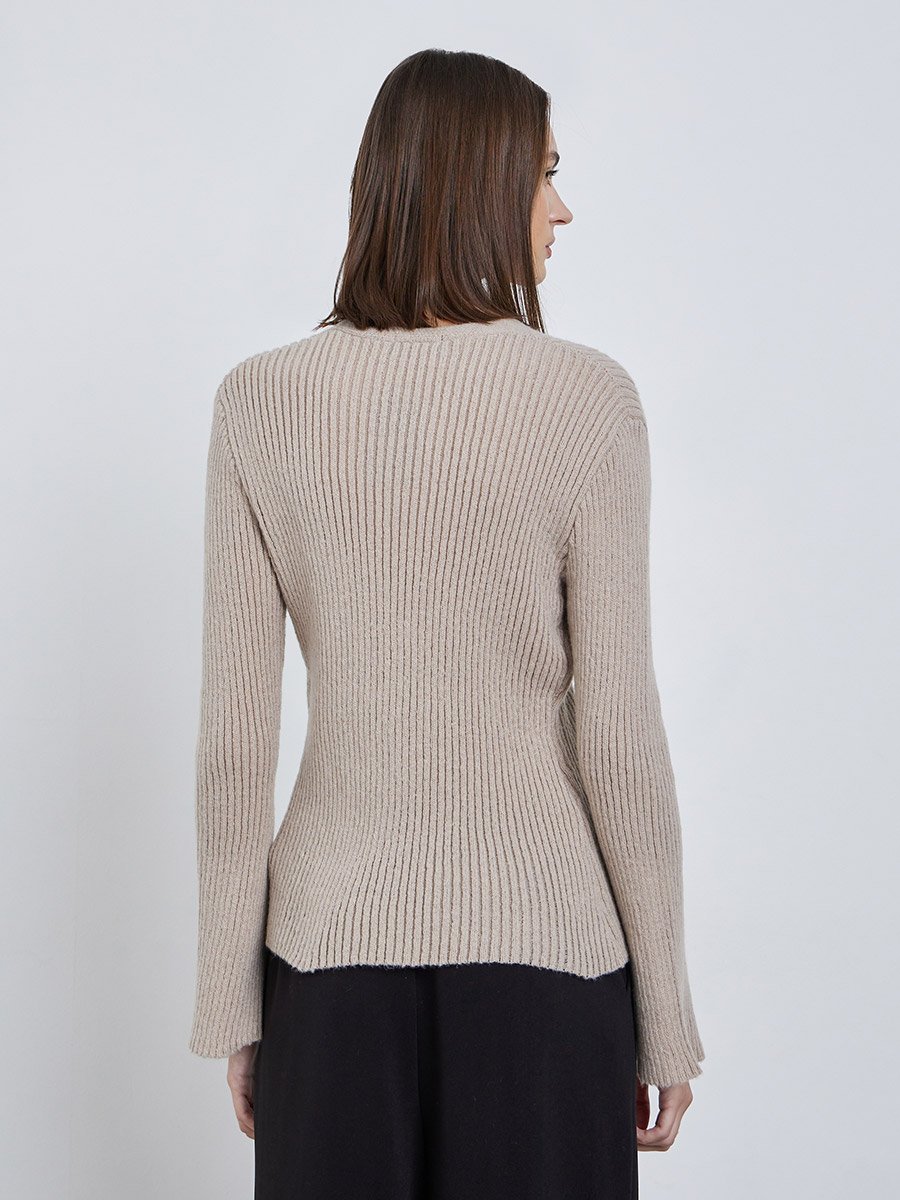 Beige Ribbed Button-Down Knit Top with Bell Sleeves
