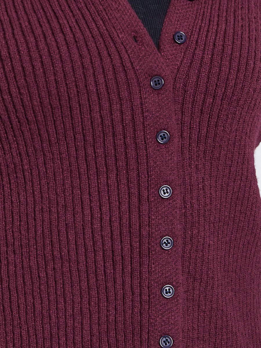 Burgundy Ribbed Button-Down Knit Top with Bell Sleeves