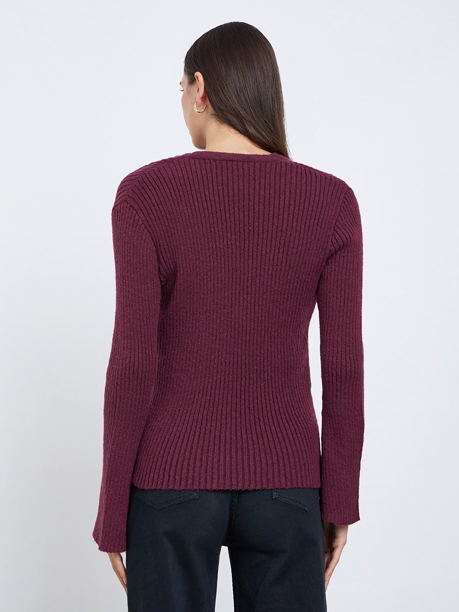 Burgundy Ribbed Button-Down Knit Top with Bell Sleeves