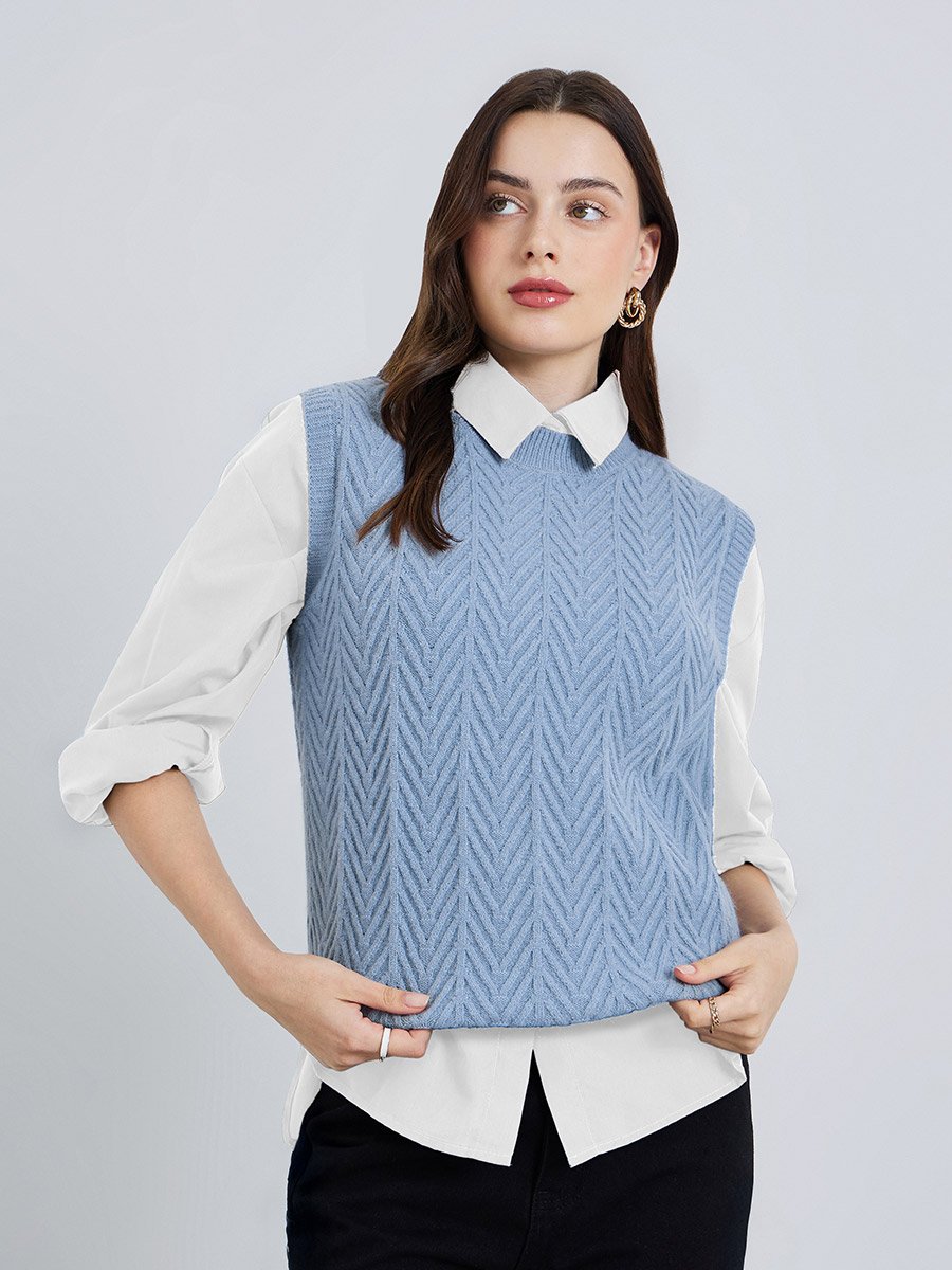Light Blue Textured Knit Sleeveless Vest