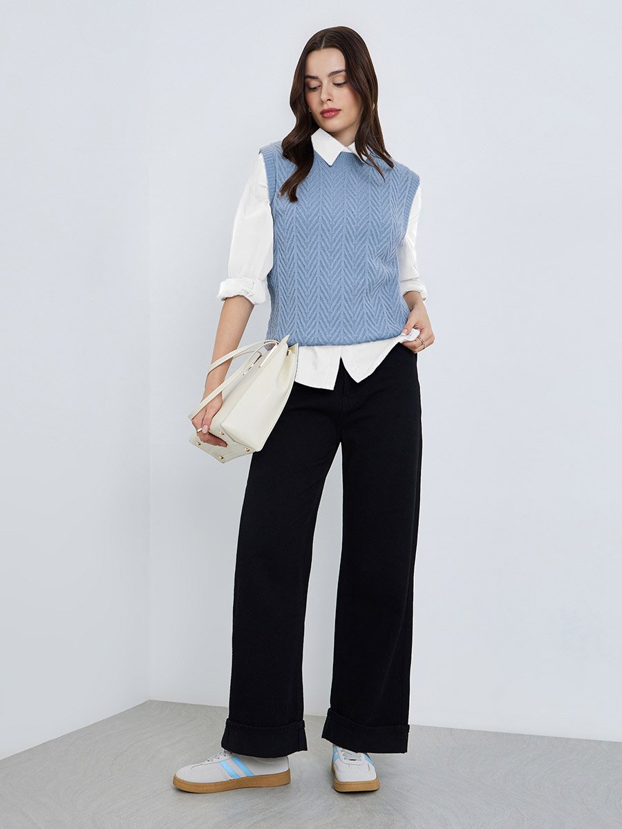 Light Blue Textured Knit Sleeveless Vest