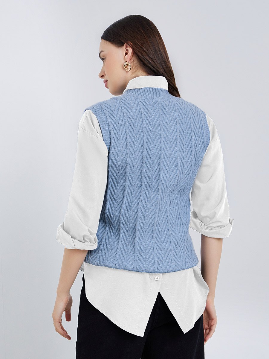 Light Blue Textured Knit Sleeveless Vest