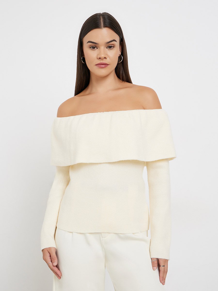 Women Off White Ribbed Off Shoulder Neck Top